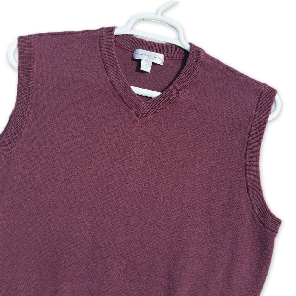 Cypress Links Sweater Vest Mens Large Burgundy V-Neck Cotton Knit Sleeveless